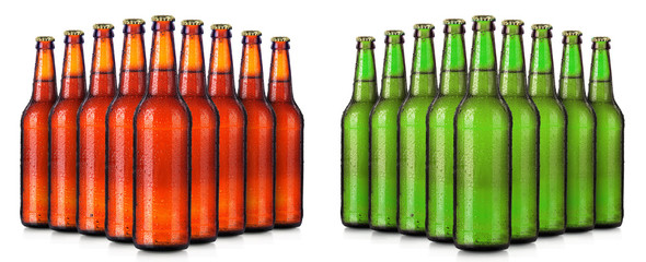 Wall Mural - Set of beer's bottles with frosty drops isolated