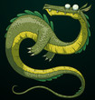 Vector funny green dragon. Image of a funny green dragon with a light green belly and two legs on a dark background.