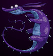 Vector funny purple dragon. Image of a funny purple dragon with a blue belly and four legs on a dark background.