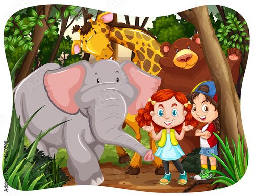 Plakat na zamówienie Children and wild animals in jungle