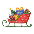 Watercolor sleigh with presents, Christmas tree and  Teddy bear.