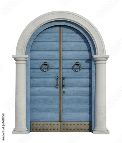 eeganckie-niebieskie-drzwi-wejsciowe-w-ksztalcie-luku-z-kolumnami-na-bialym-tle