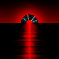 Sticker - Vinyl sunset red / 3D render of vinyl record as setting sun on horizon