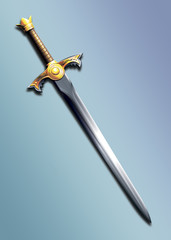 sword decorated with gold with the image of the sun.