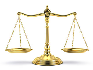 Wall Mural - Justice, law, decisions concept - Balanced gold scale isolated on white