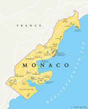 Monaco political map. City state in on the French Riviera, France, with national borders, important buildings and sights. English labeling and scaling. Illustration.
