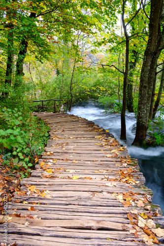 Naklejka na szybę Wood path in the Plitvice national park in autumn