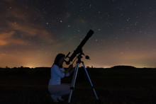 Woman Looking Through A Telescope Watching The Stars.. Night Sky, Constellations, Draco, Ursa Major, Big Dipper, Botes. 