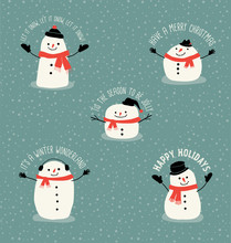 Christmas Greetings With Cute Snowmen Drawn In Simple Flat Syle