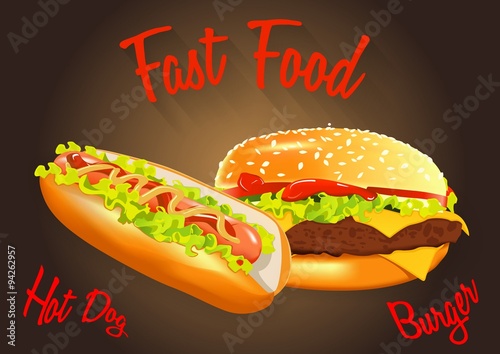 Naklejka - mata magnetyczna na lodówkę Fast food vector illustration. Burger and hot dog