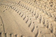 Tractor Tire Tracks On Beach Sand.