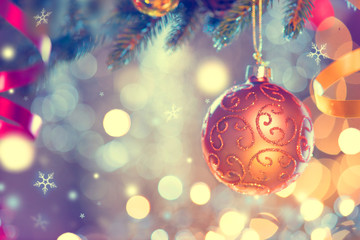 Wall Mural - christmas and new year decoration. golden bauble hanging on christmas tree