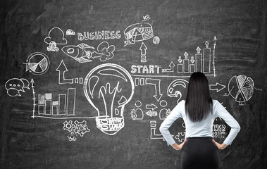 full length rear view of brunette woman in formal clothes who is looking at the business flowchart o