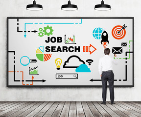 Rear view of young professional who is drawing a recruitment flowchart on the whiteboard. A concept of recruitment and job searching processes. Wooden floor, concrete wall and three ceiling lights.