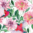 Watercolor asters and birds seamless pattern