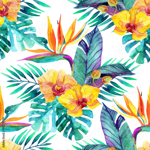 Tapeta ścienna na wymiar Tropical leaves and flowers. Floral design background.