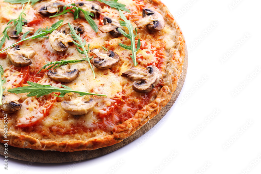 Tasty pizza with vegetables and arugula isolated on white