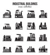Set of industrial manufactory buildings icons set. Plant and