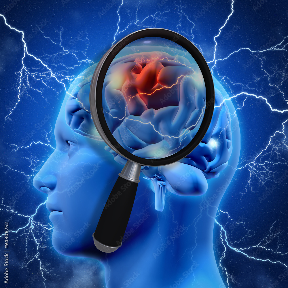 3D medical background with magnifying glass examining brain Stock ...