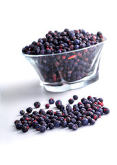 Bowl of frozen wild blueberries isolated on white background