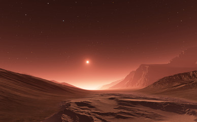 Wall Mural - sunset on mars. mars mountains, view from the valley