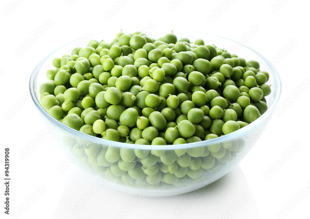 Fresh green peas in bowl isolated on white