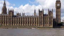 London, Rowing Boats Competition On The River Thames With The Background Of The House Of Parliament And The Big Ben