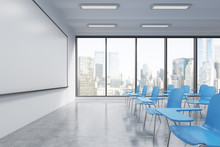 A Classroom Or Presentation Room In A Modern University Or Fancy Office. Blue Chairs, A Whiteboard On The Wall And Panoramic Windows With New York View. 3D Rendering.