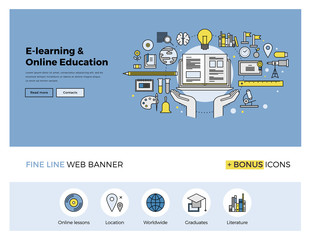Poster - online education flat line banner