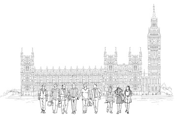 Wall Mural - Big Ben and Houses of Parliament with tourists silhouettes, London UK. Sketch collection