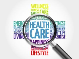 health care word cloud with magnifying glass, health concept