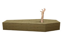 Undead Zombie Hand Breaking Out Of A Wood Coffin On Halloween