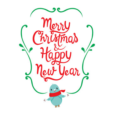 Merry Christmas & Happy New Year Lettering, Frame With Bird Flying, Happy New Year, Merry Christmas, Xmas, Objects, Festive, Celebrations
