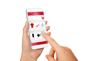 Poster - Smart phone online shopping in woman hand isolated. Buy clothes shoes accessories with e commerce web site