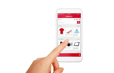 Poster - Smart phone online shopping in woman hand isolated. Buy clothes shoes accessories with e commerce web site