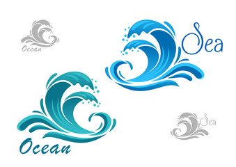 Poster - Blue sea waves icon with water splash