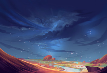 Illustration: The Scene on a Strange Planet Before the Storm Comes. Realistic Style. Sci-Fi Topic. Scene / Wallpaper / Background Design.