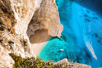 Wall Mural - High cliff with boats on Zakynthos island in Greece