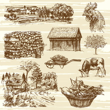 Farm, Harvest, Rural Landscape - Hand Drawn Set