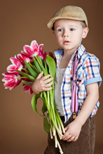 Retro Boy With Tulips Bouquet