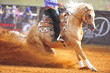 A close-up view of a rider and horse sliding in the dust.