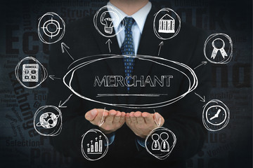 Merchant concept image with business icons.