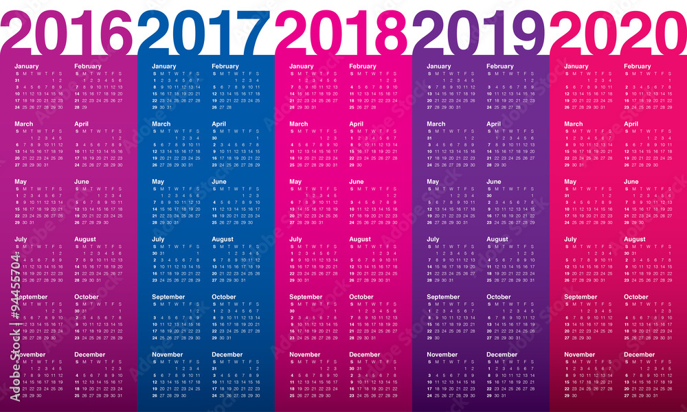 Calendar 2016 2017 2018 2019 2020 - obrazy, fototapety, plakaty 