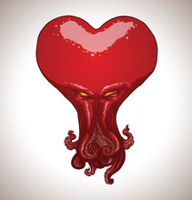 Vector Octopus Heart. Abstract Image Of An Octopus Red Color In The Form Heart Symbol On A Light Gray Background.