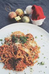 Wall Mural - Christmas dinner table with spaghetti and meatballs