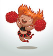 Vector girl cheerleader. Cartoon image of a girl cheerleader with red hair in a red and black skirt and a black top with red pom-poms in her hands on a light background.