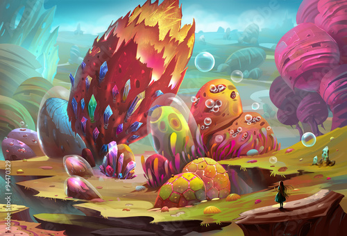 Fotografie, Obraz Illustration: Colorful Stone World - The girl arrives at the dream land, but she feels something strange (danger even worse) is waiting