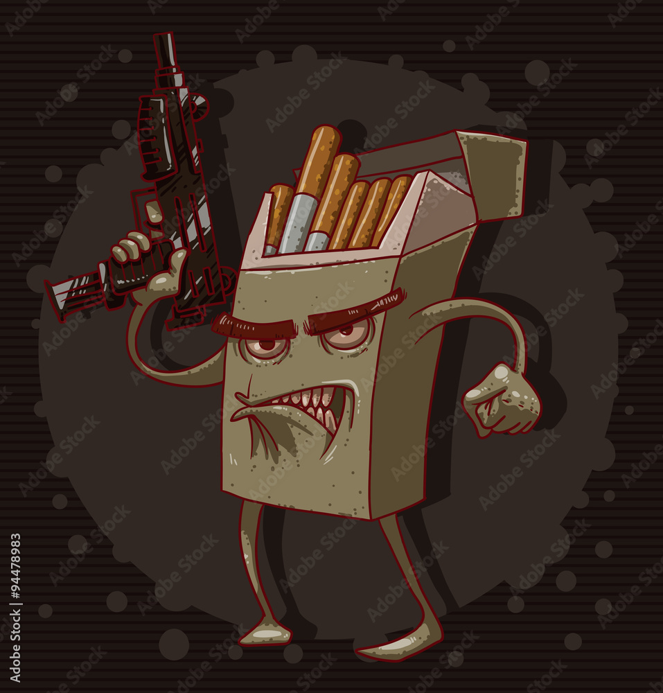 Vector cigarettes kill, gray. Cartoon image of a gray pack of cigarettes  with a face, arms