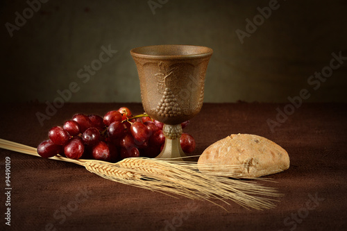 Fotografie, Obraz Communion Table With Wine Bread Grapes and Wheat