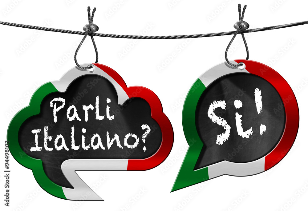 Parli Italiano - Speech Bubbles / Two speech bubbles with Italian flag and text Parli Italiano? Si! (Do you speak Italian?). Isolated on white - obrazy, fototapety, plakaty 
